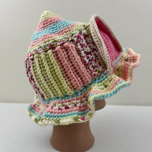Handmade Multicolor Crochet Cat Ear Pixie Hat With Ruffled Brim For Adults main image 4
